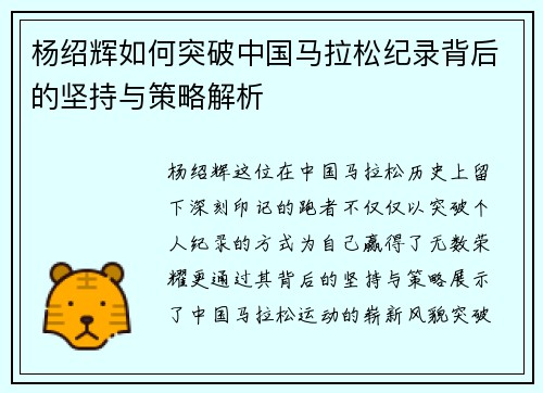 杨绍辉如何突破中国马拉松纪录背后的坚持与策略解析